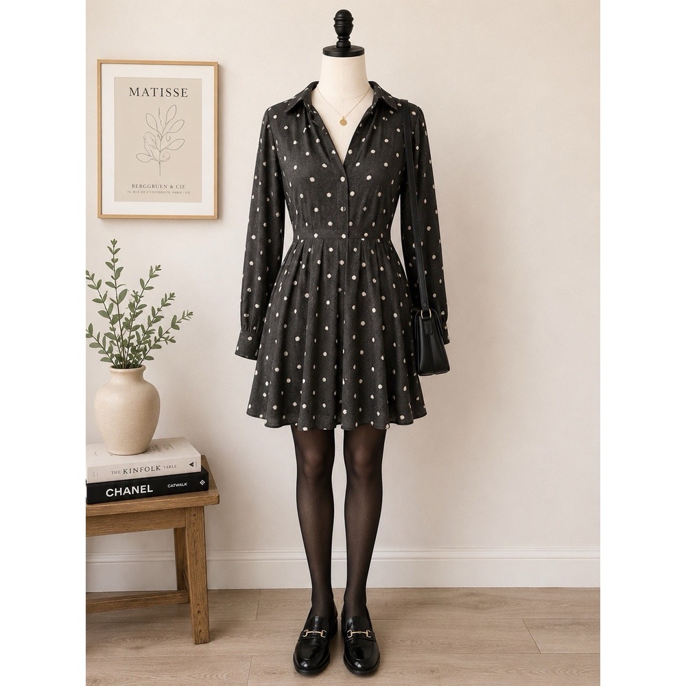 Zara Womens L Polka Dot Dress Charcoal Long Sleeve Collared Fit Flare Pleated
